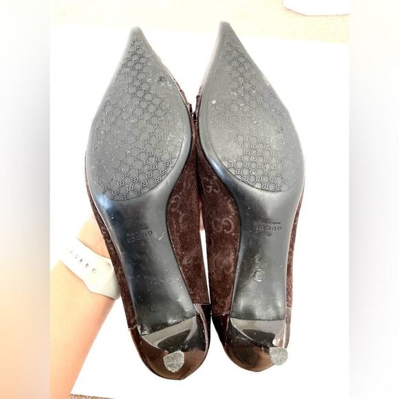 Gucci Horsebit Web Stripe GG Pump Size 8.5 Brown Suede Pointed Toe Kitten Heel - Picture 10 of 10